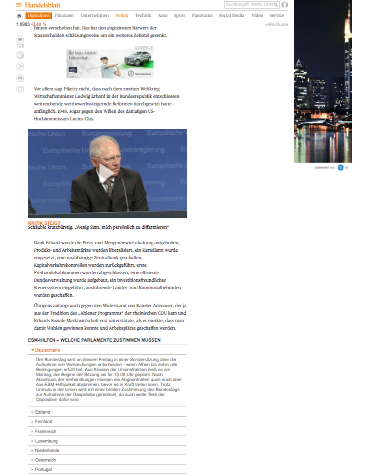 Screenshot von einem Ausschnitt einer Artikelseite auf Handelsblatt.com