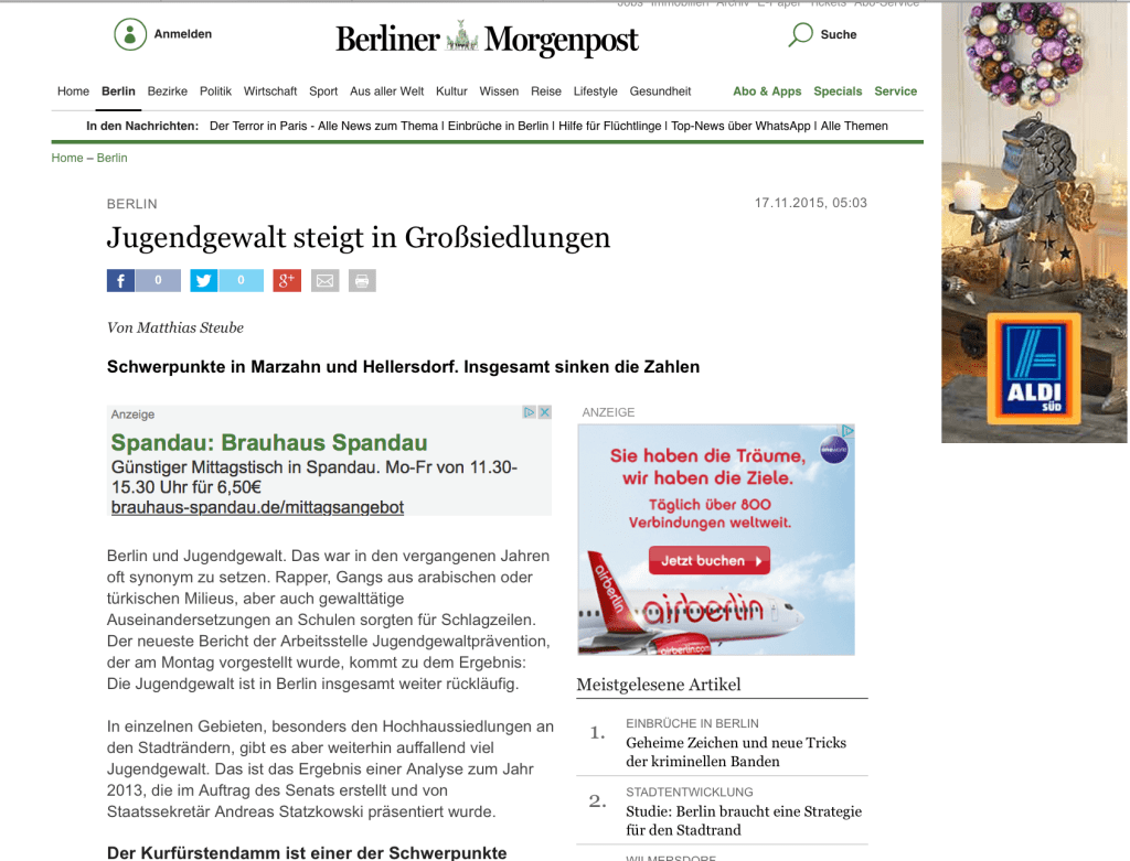 Wer vermutet hinter diesem Titel, dass die Jugendgewalt in Berlin seit 10 Jahren abnimmt?